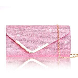 Women's Pink Shiny Sequin Envelope Clutch Evening Bag With Chain Fashion Sparkly